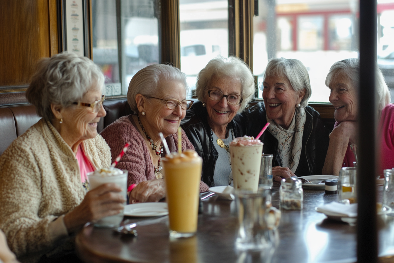 Five friends in a restaurant together | Source: Midjourney