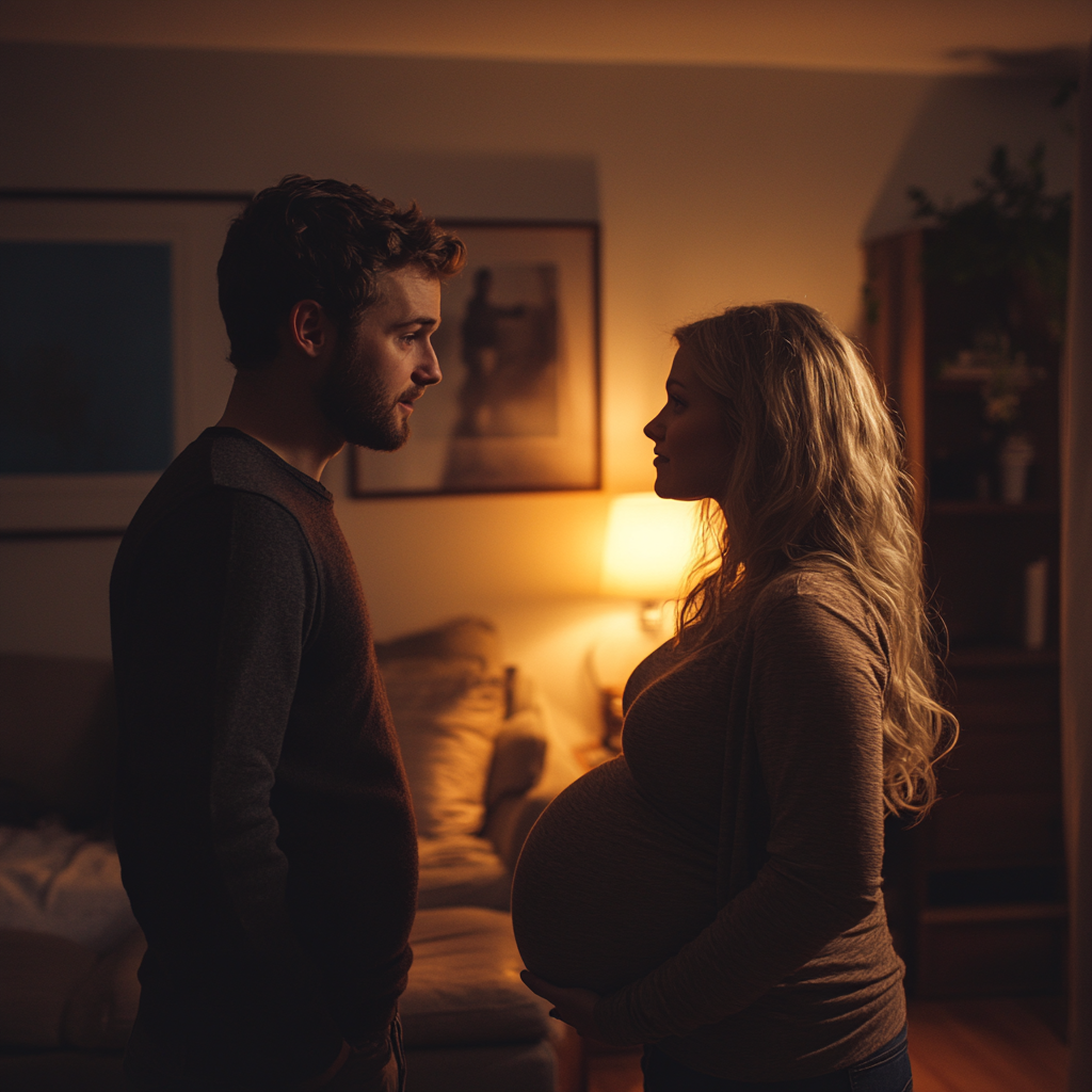 A determined young man having a serious talk with his wife | Source: Midjourney