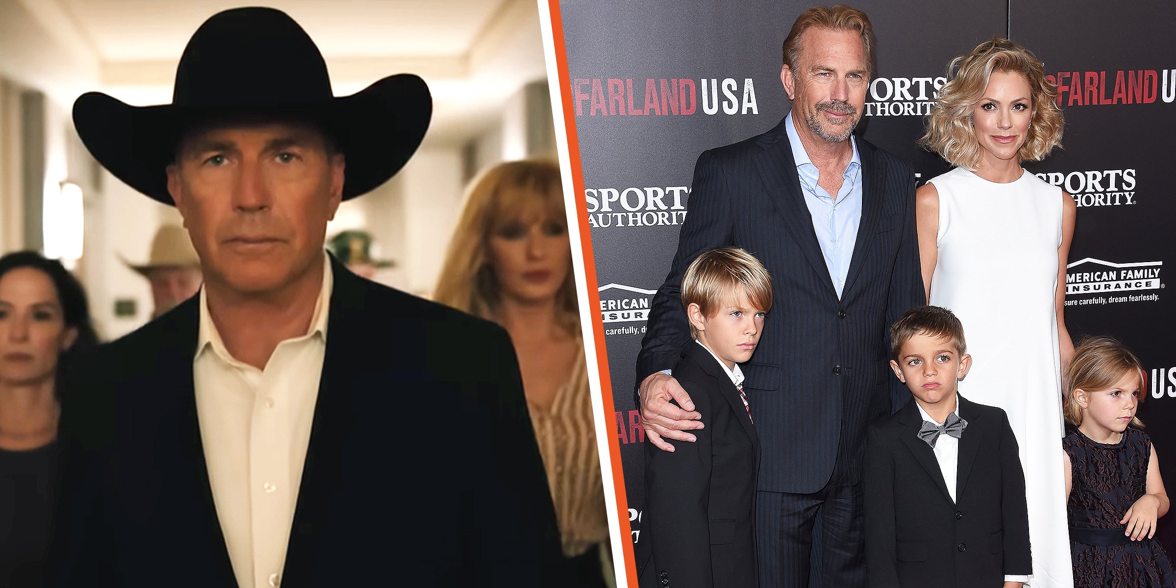 Kevin Costner, 2022 | Kevin Costner, Christine Baumgartner, Grace Avery Costner, Hayes Logan Costner, and Cayden Wyatt Costner, 2015 | Source: Getty Images | YouTube.com/Yellowstone