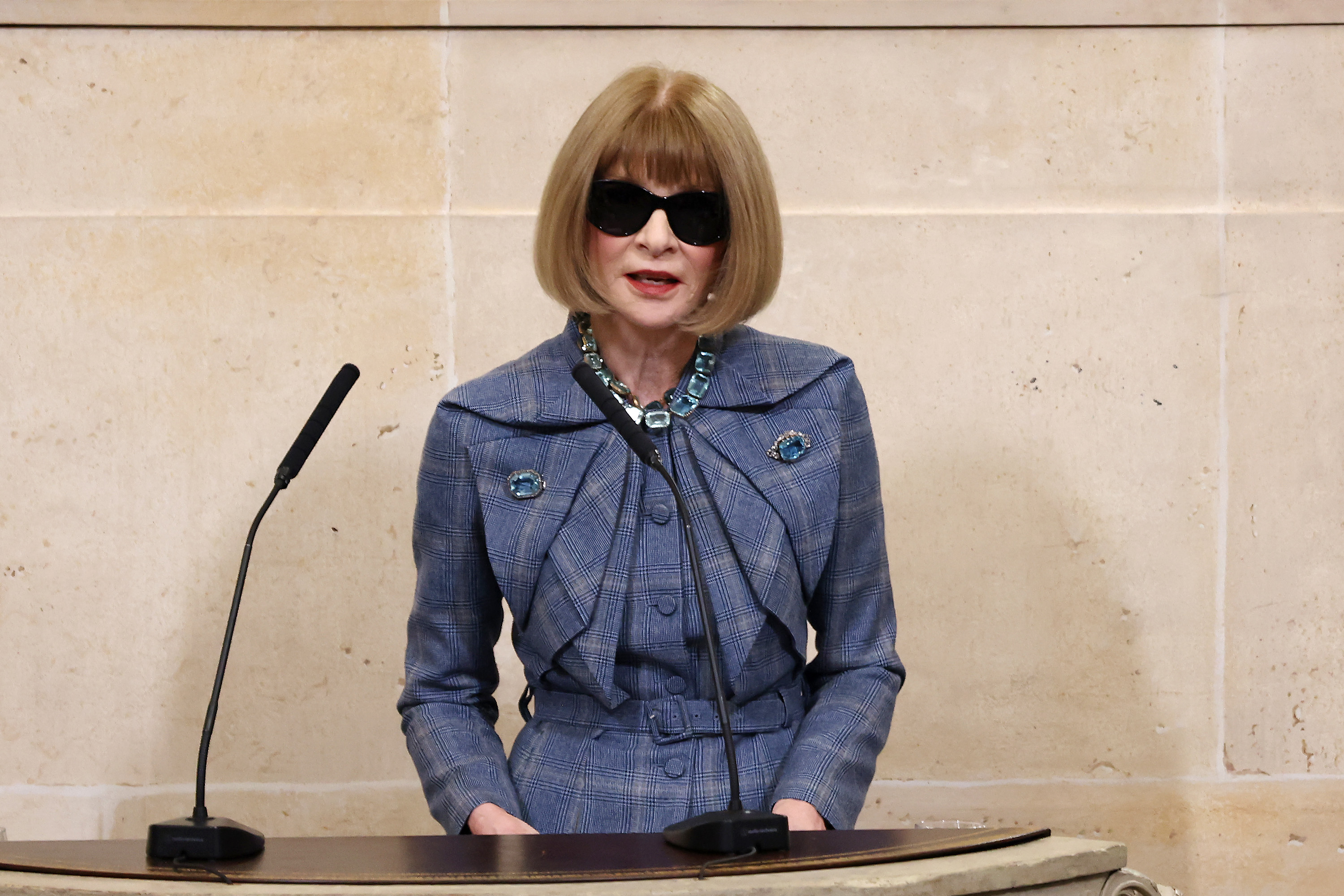 Anna Wintour speaking at the intake ceremony of Annie Leibovitz into the Académie des Beaux-Arts in Paris, France on March 20, 2024. | Source: Getty Images