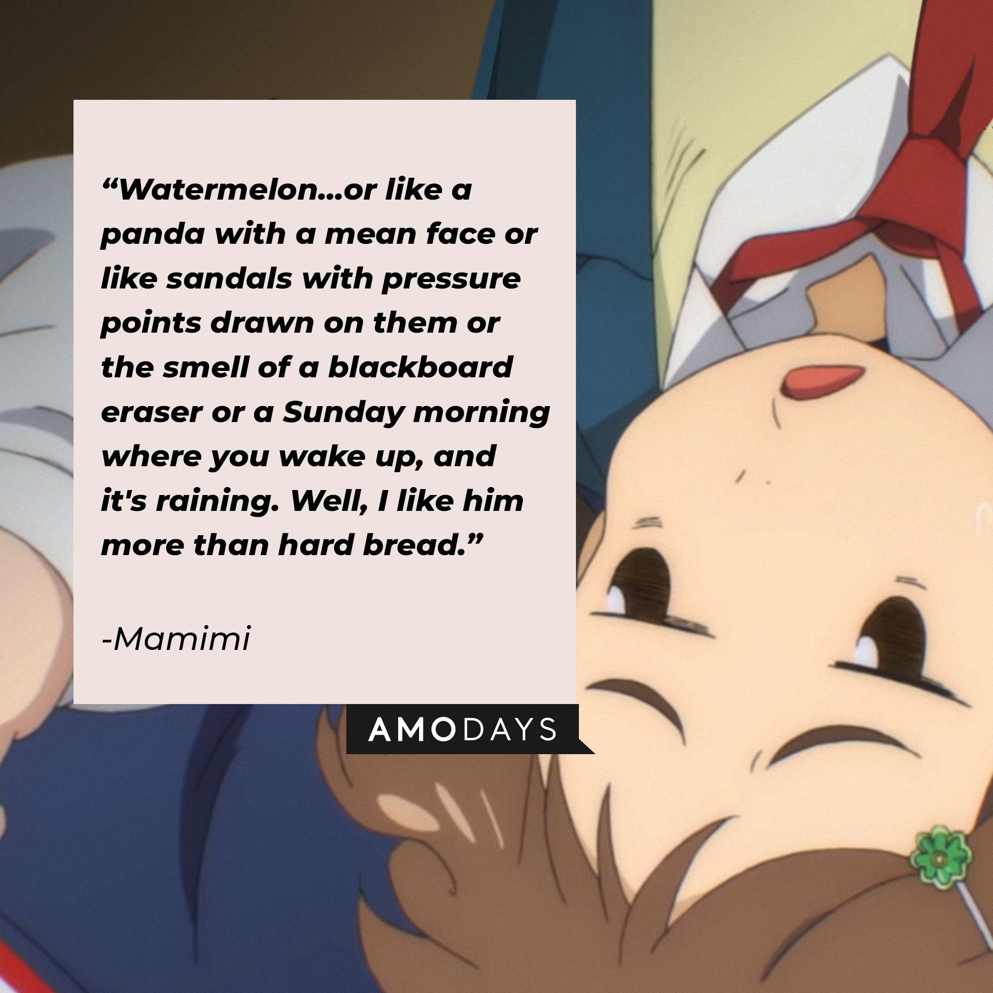 Mamimi’s quote : "Watermelon...or like a panda with a mean face or sandals with pressure points drawn on them or the smell of a blackboard eraser or a Sunday morning where you wake up, and it's raining. Well, I like him more than hard bread." | Image: AmoDays
