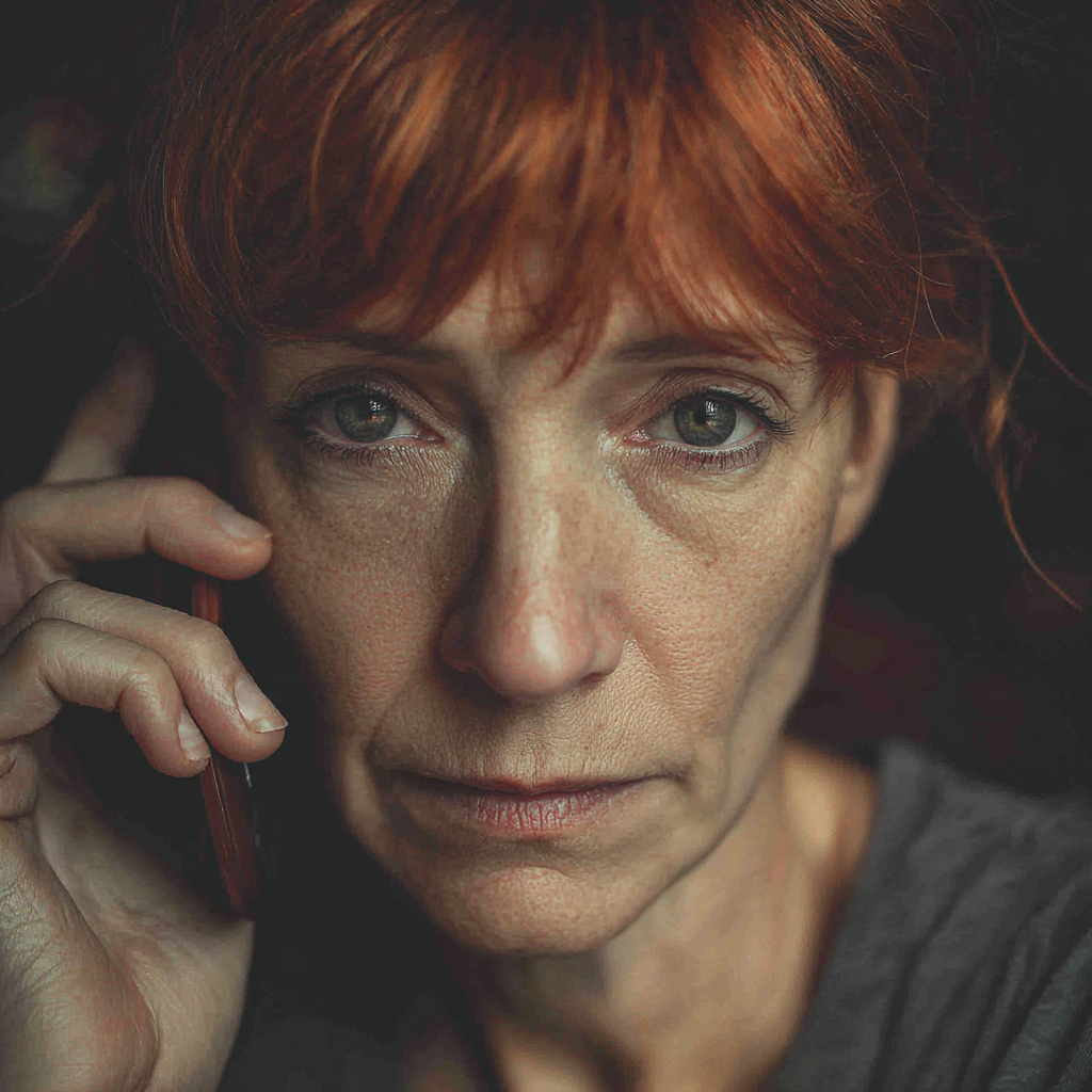 A close-up of a pensive woman talking on a phone | Source: Midjourney