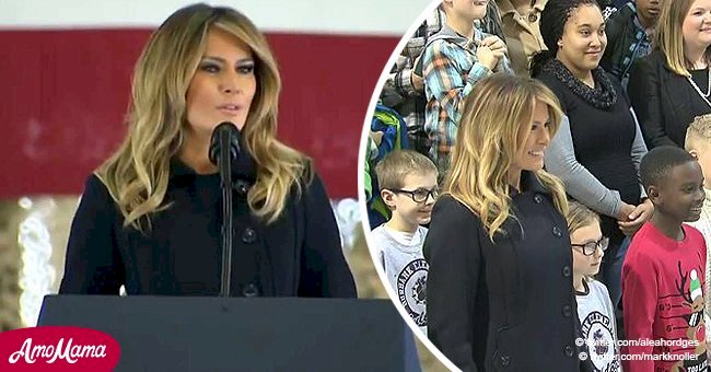 Melania Trump thanks troops, exchanging high-fives with happy kids in chic wool jacket 