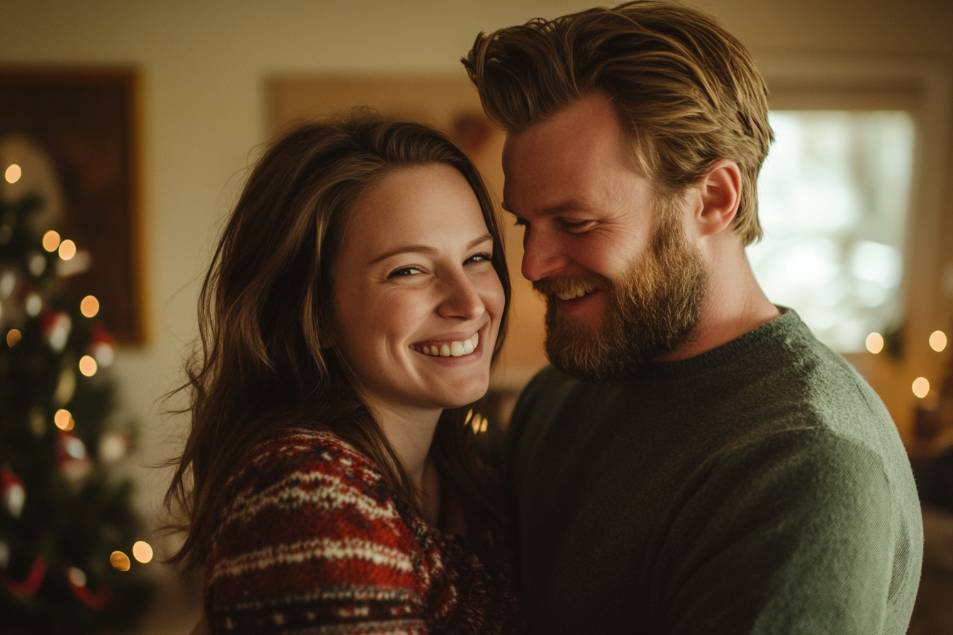 A woman with a mischievous grin speaking to her husband | Source: Midjourney