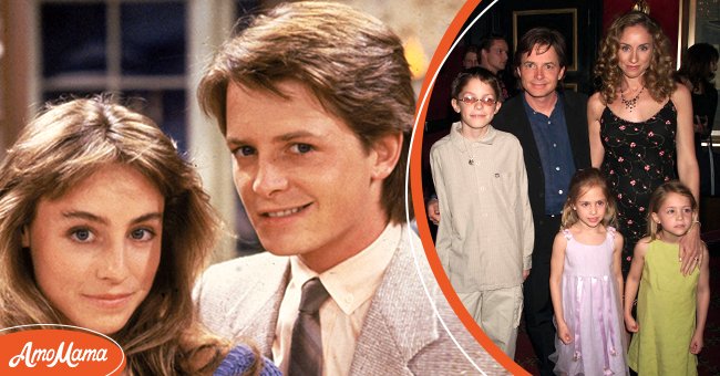 (L) A promotional portrait of actor Michael J. Fox and co-star actress Tracy Pollan on the set of the TV series, "Family Ties." (R) Michael J. Fox arriving with his family, wife Tracy Pollan, son Sam, and twin daughters Schuyler and Aquinnah, at the New York premiere of "Atlantis: The Lost Empire," at the Ziegfeld Theater on June 6, 2001 in New York City. / Source: Getty Images