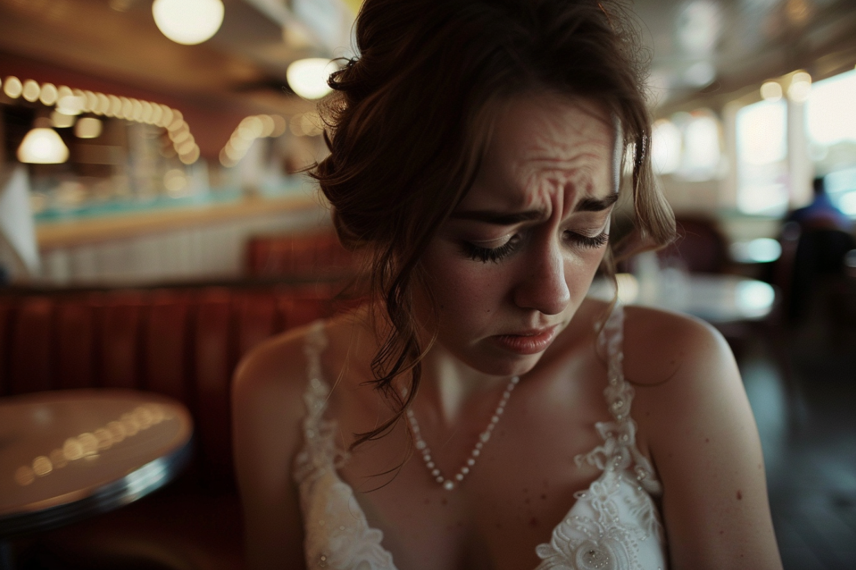 A bride crying in a diner | Source: MidJourney