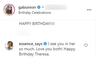 Essence Atkins' comment on Gabrielle Union's birthday tribute to her mother. | Photo: Instagram.com/gabunion