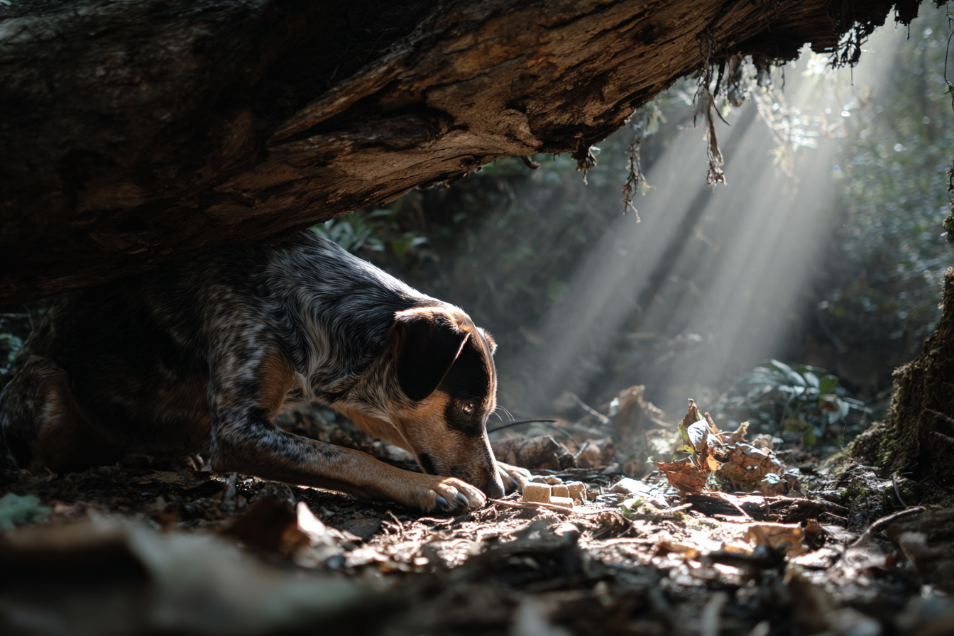 A dog sitting near a fallen tree | Source: Midjourney