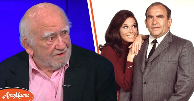 Ed Asner during an interview with KTLA in 2020. [Left] Mary Tyler Moore and Ed Asner as their characters on "The Mary Tyler Moore Show" in the 70s.[ [Right] | Photo: Youtube.com/KTLA 5  Getty Images 