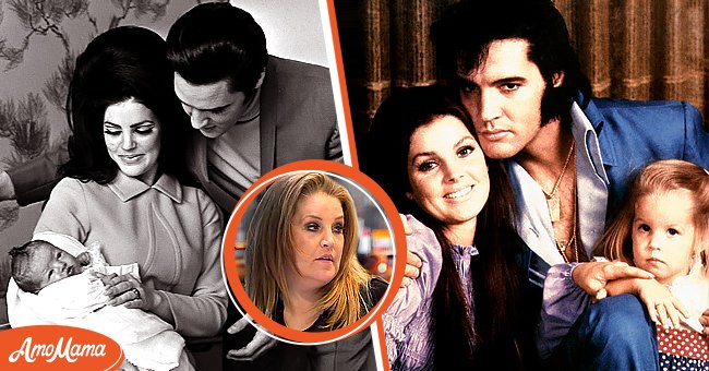 Elvis Presley with his wife Priscilla Beaulieu Presley and their 4 day old daughter Lisa Marie Presley on February 5, 1968 in Memphis, Tennessee [left]. Elvis Presley with his wife Priscilla Beaulieu Presley and daughter Lisa Marie Presley, circa 1970 [right]. Picture of Lisa Marie Presley [bubble] | Photo: Getty Images
