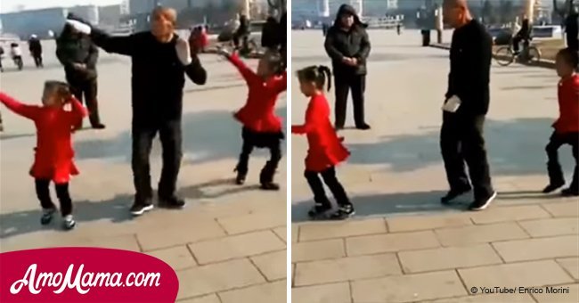 Granddad makes a line-up with 2 cute girls. Seconds later, their original dance stuns strangers