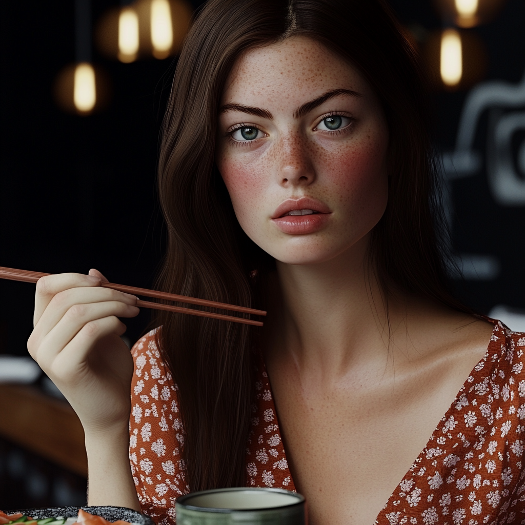 A woman eating sushi in a restaurant | Source: Midjourney