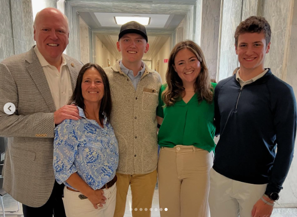 Joe, Kasey Nilson, Cullen, Kenzie, and Liam Crowley pose for a family photo, dated May 2025 | Source: Instagram/joecrowley