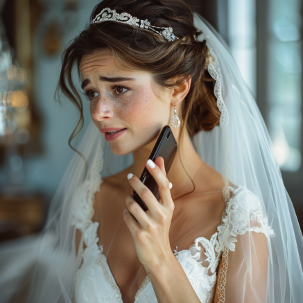 An emotional bride holding a phone | Source: Midjourney