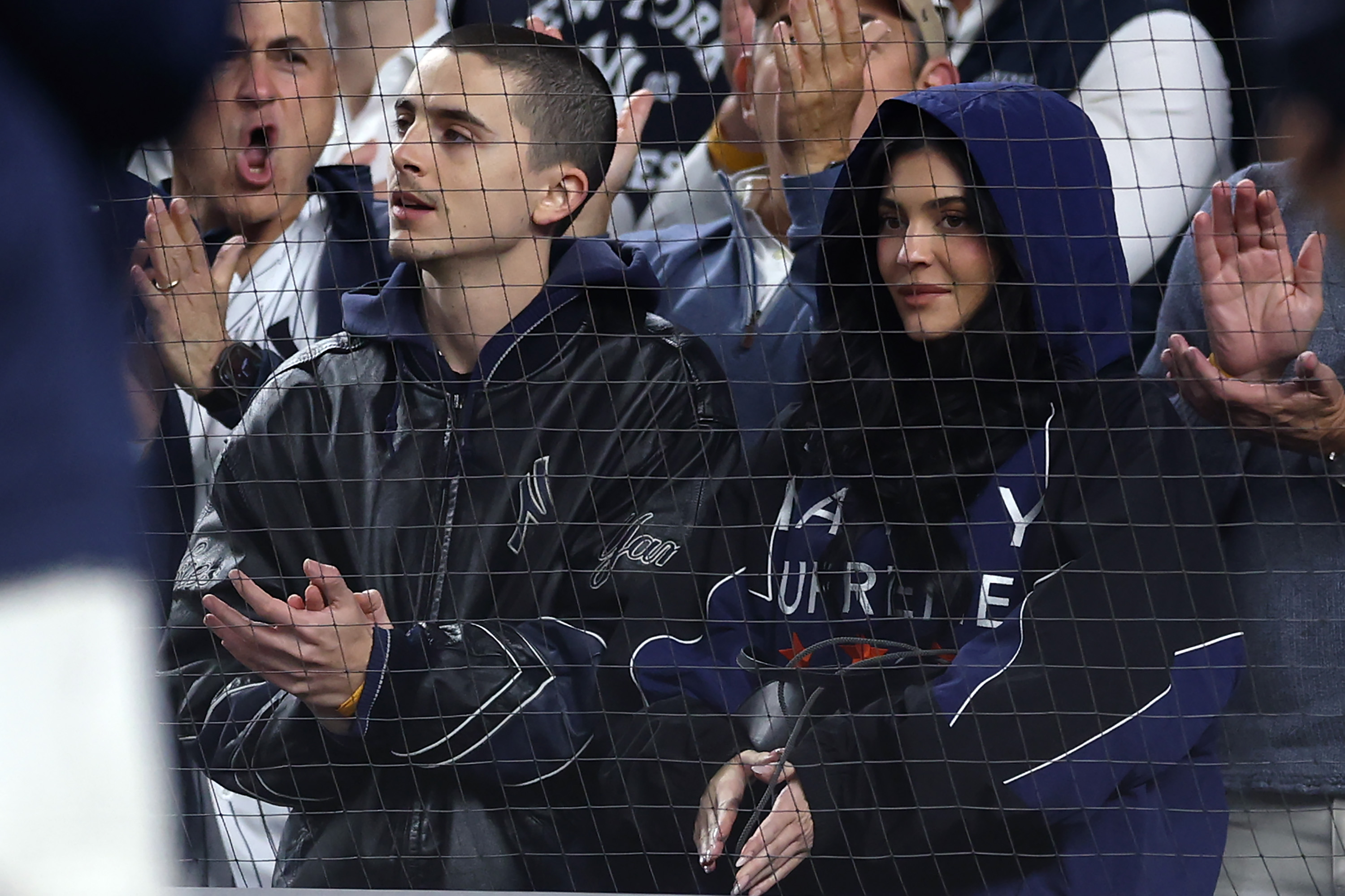 A clearer look at Timothée Chalamet's new buzz cut as he and Kylie Jenner watched the game between the New York Yankees and the Toronto Blue Jays at Yankee Stadium on October 8, 2025, in New York City.