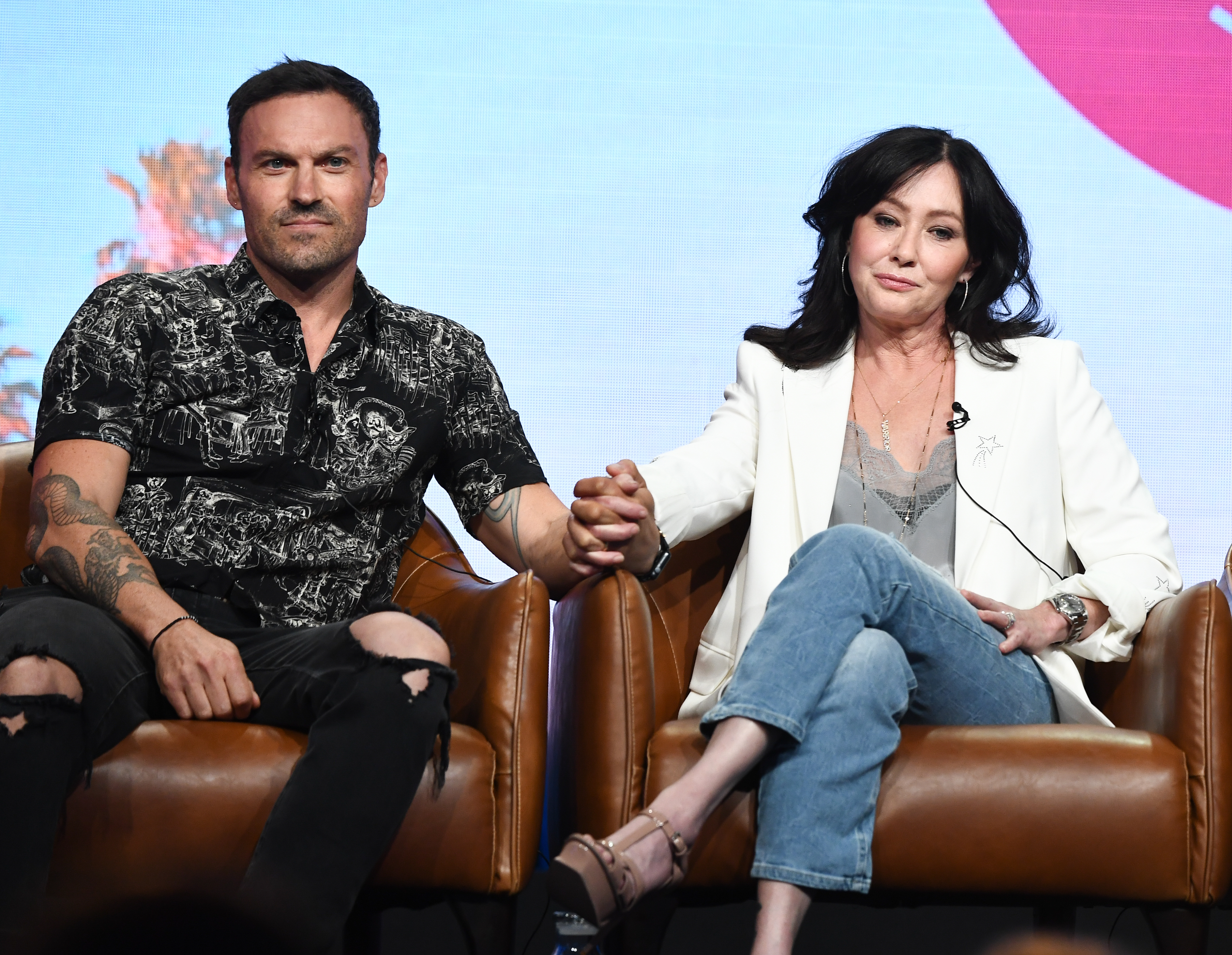 Brian Austin Green and Shannen Doherty at the FX Networks "BH90210" TV show panel during the TCA Summer Press Tour in Los Angeles, USA on August 7, 2019 | Source: Getty Images