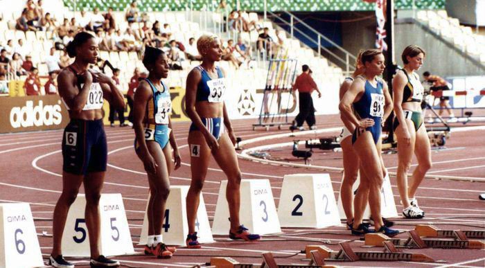 Marion Jones (far left) during the 1999 World Championships | Photo By Tomás Galindo - propia, CC BY 2.5, Wikimedia Commons Images