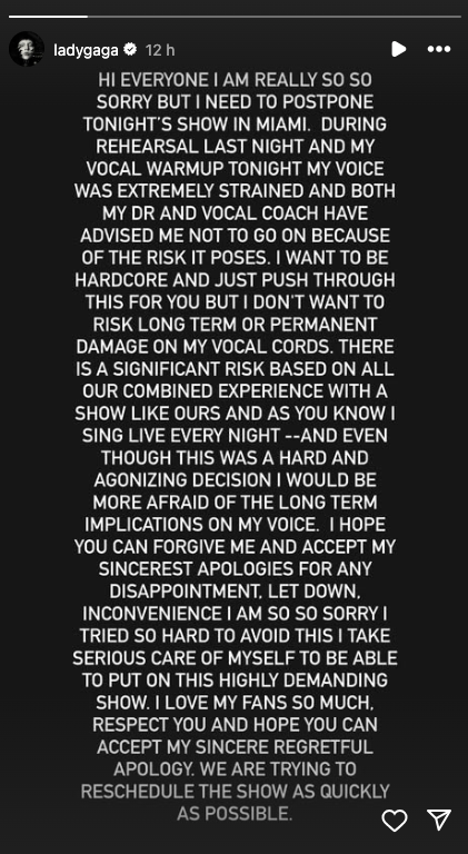 Lady Gaga's Miami show cancellation announcement shared via Instagram Stories, posted on September 3, 2025. | Source: Instagram/ladygaga