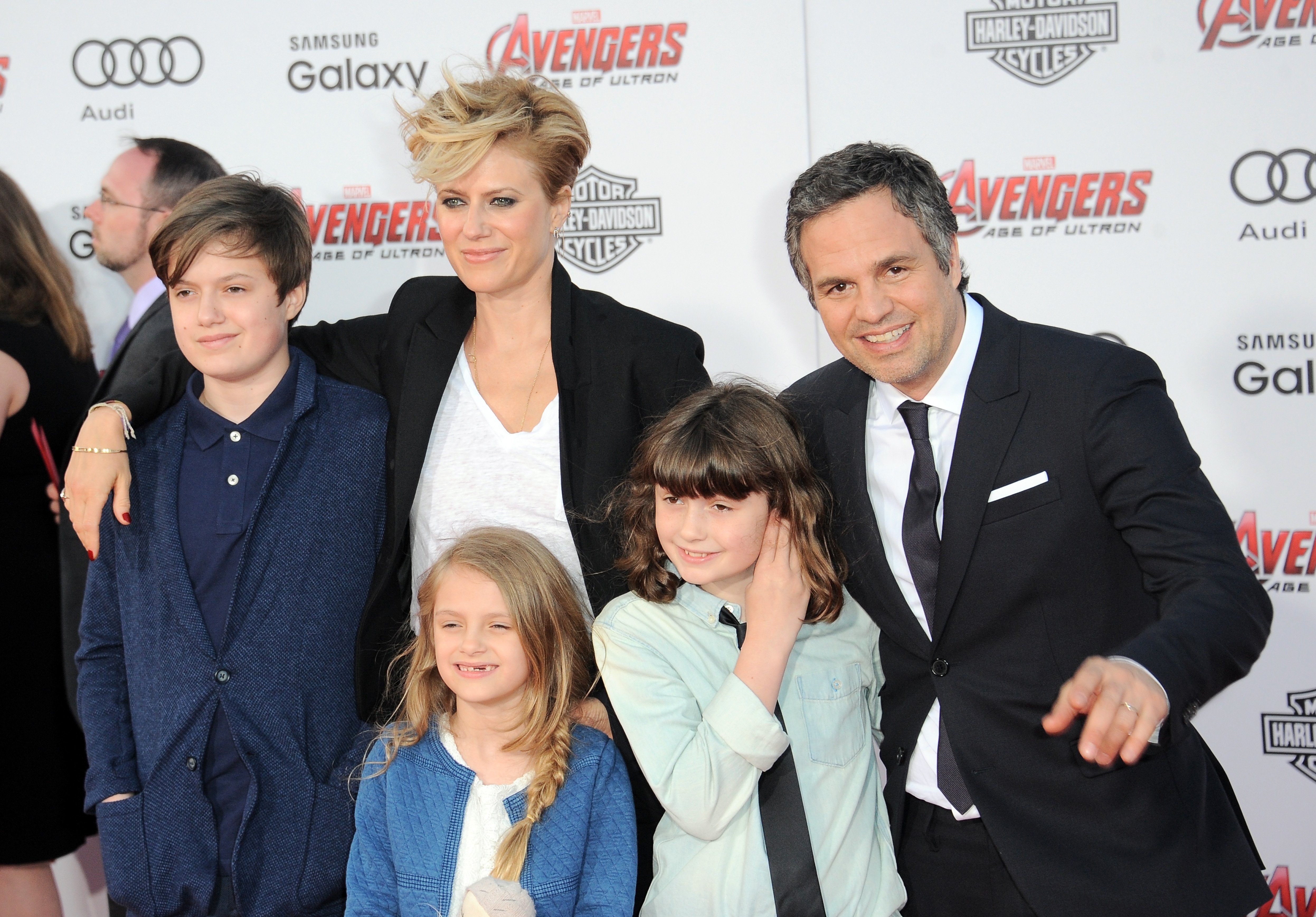 Actor Mark Ruffalo and wife, Sunrise Coigney with children, Keen Ruffalo, Bella Ruffalo and Odette Ruffalo at the Premiere Of Marvel's "Avengers Age Of Ultron" held at Dolby Theatre on April 13, 2015, in Hollywood, California. | Source: Getty Images