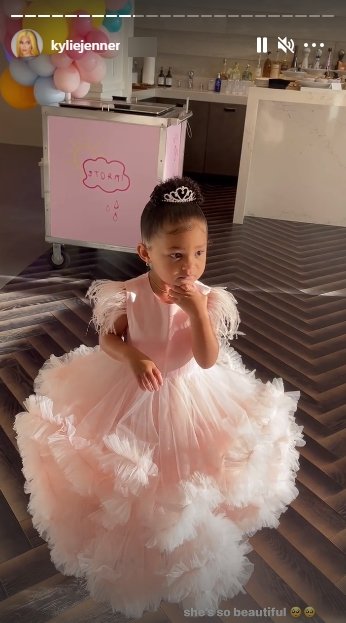 A picture of Kylie Jenner's daughter Stormi in a pink dress and a tiara on her birthday. | Photo: Instagram/Kyliejenner