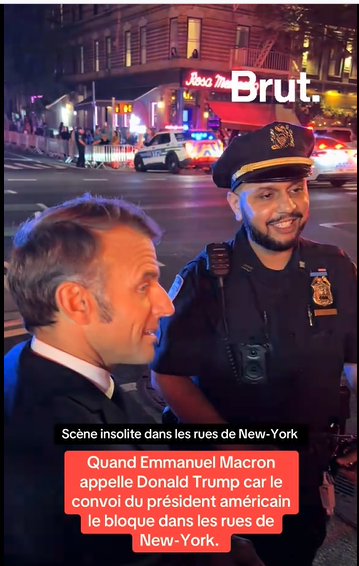 President Emmanuel Macron with an NYPD police officer, from a post dated September 23, 2025 | Source: Tiktok/@brutofficiel