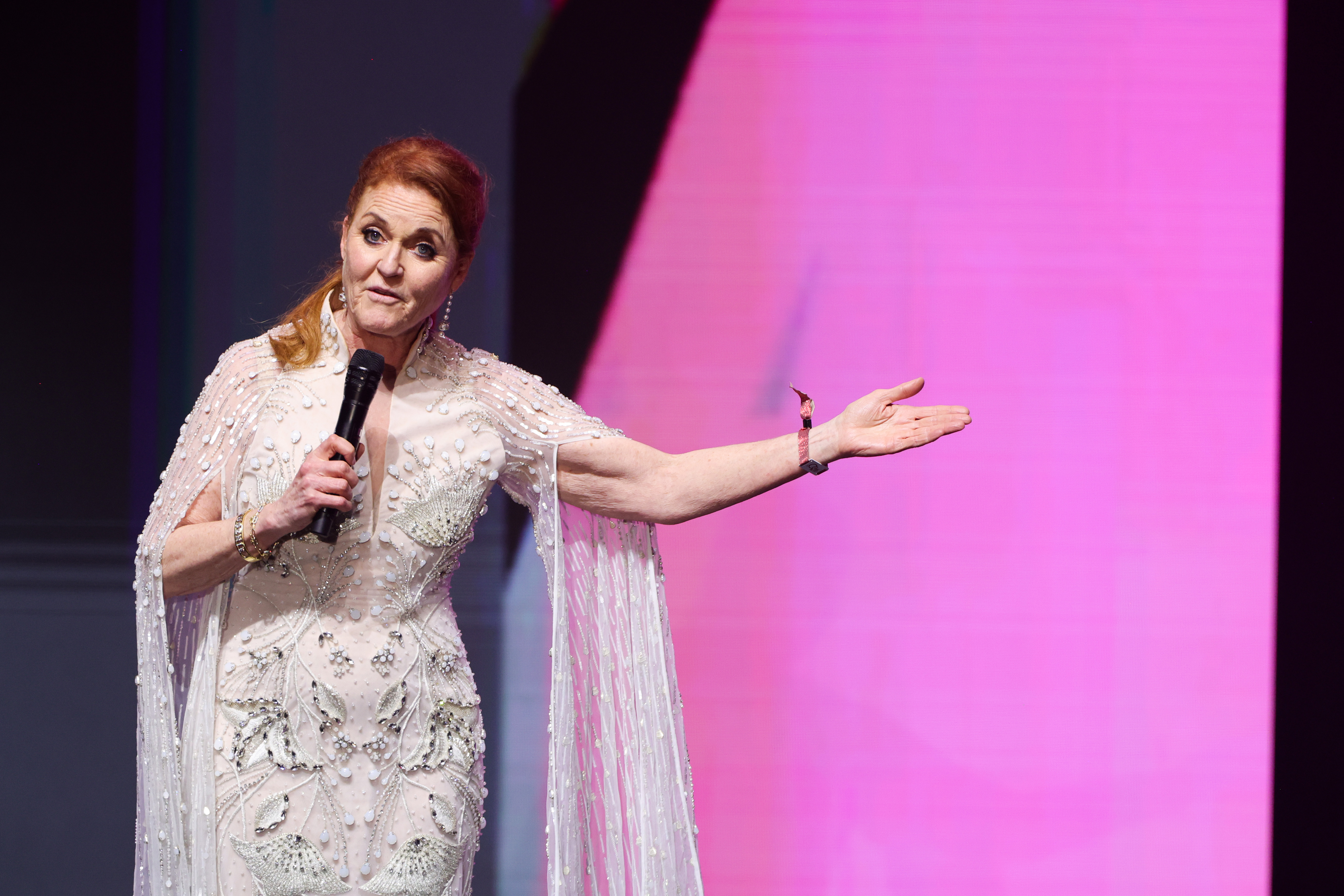 Sarah Ferguson speaks on stage during the amfAR Cannes Gala 30th edition at Hotel du Cap-Eden-Roc on May 23, 2024 in Cap d'Antibes, France | Source: Getty Images