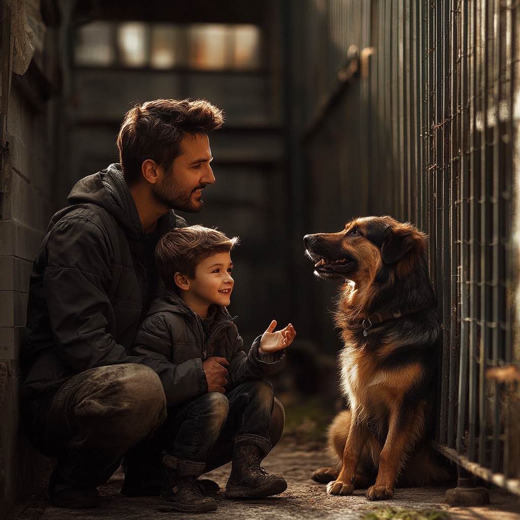 A boy and his father in a dog shelter | Source: Midjourney