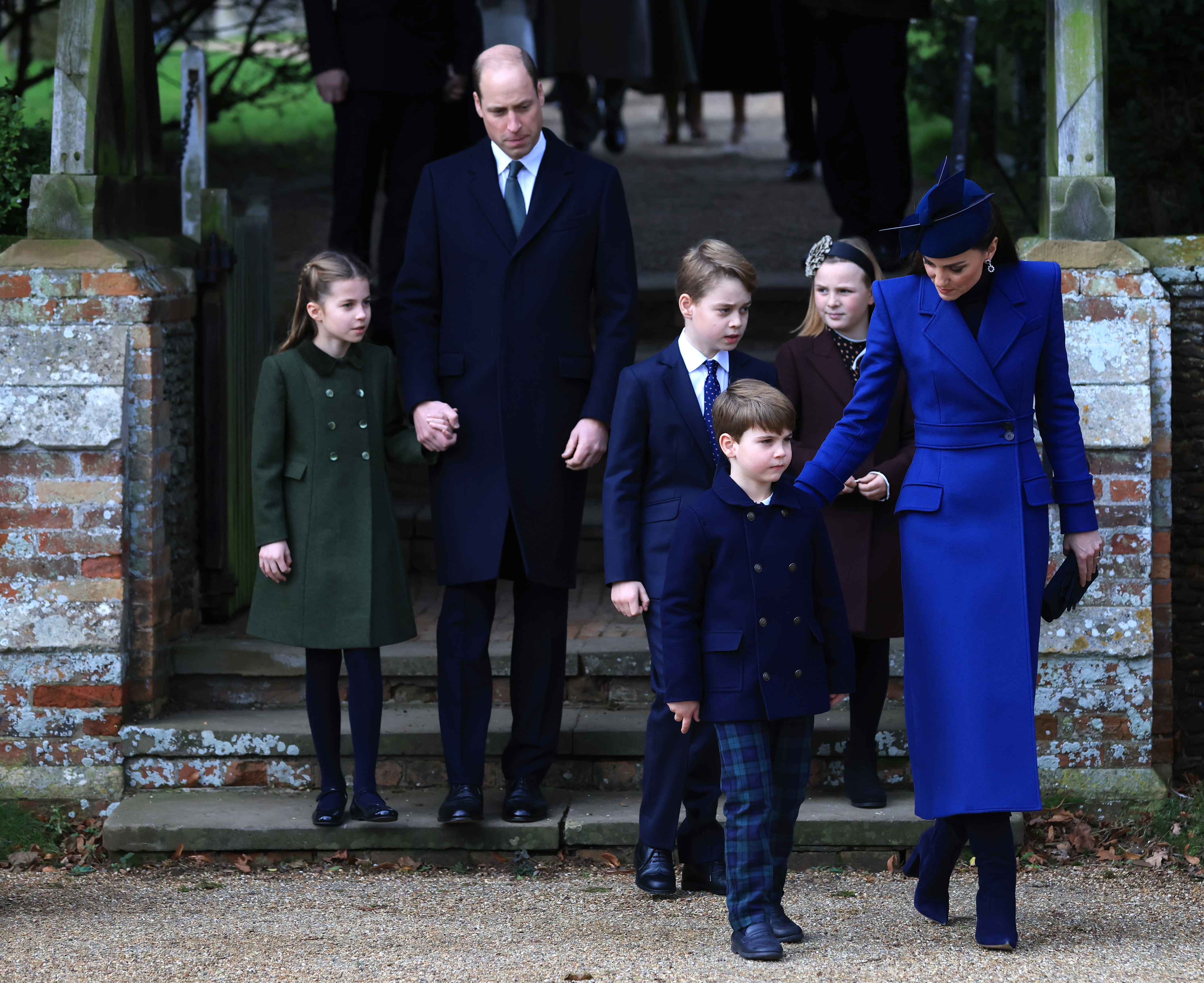 Princess Charlotte, Prince William, Prince George, Prince Louis, Mia Tindall and Princess Catherine attending the Christmas morning service at Sandringham Church on December 25, 2023 in Sandringham, Norfolk | Source: Getty Images