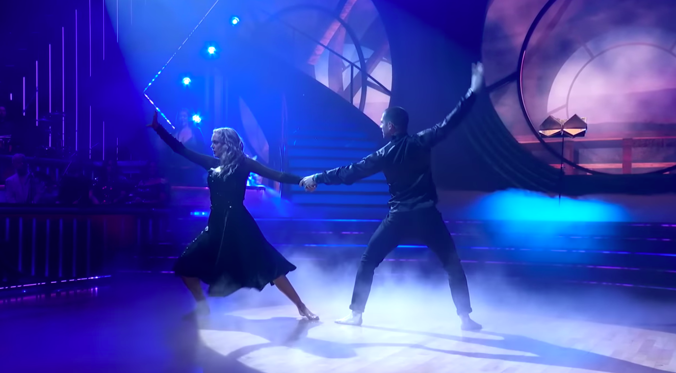 Elaine Hendrix and Alan Bersten performing a contemporary dance to "Defying Gravity" during Wicked Night on "DWTS," posted on October 22, 2025. | Source: YouTube/Dancing With The Stars