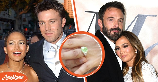 [Left] Ben Affleck and Jennifer Lopez during Premiere of "DareDevil" - Los Angeles at Mann Village Theatre in Westwood, California; [Right] Jennifer Lopez and Ben Affleck at a special screening of "Marry Me" at the Directors Guild of America (DGA) in Los Angeles on February 8, 2022; [Center] Picture of Jennifer Lopez's Engagement Ring | Source: Getty Images  | Source: Getty Images