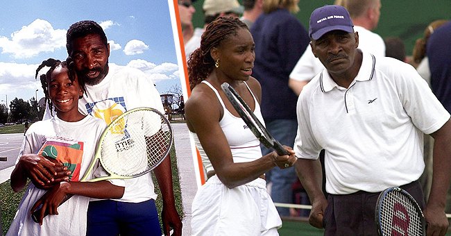 Venus Williams with Richard Williams, at Compton, California on June 5, 1991 [left].  Venus Williams and her father Richard Williams discuss during a training session on July 1, 2000 [right] | Photo: Getty Images