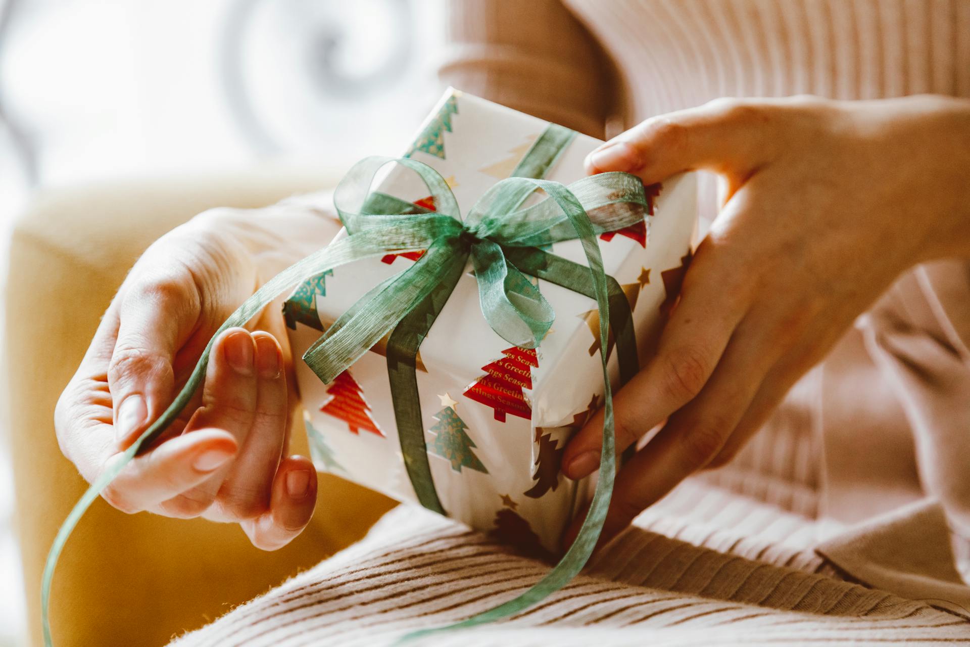 A closeup shot of a woman's hands about to unwrap a Christmas present | Source: Pexels