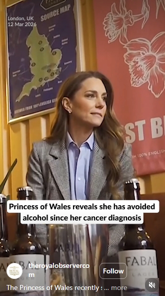 The Princess of Wales sits quietly at a table lined with Fabal beer bottles at Fabal Beerhall during the Bermondsey Beer Mile visit on 12 March 2026, in a screen grab from a video posted to Instagram on 16 March 2026 — just moments before she made her candid admission to brewery owner Hannah Rhodes that she has largely stepped back from alcohol since her cancer diagnosis. | Source: Instagram/theroyalobservercom