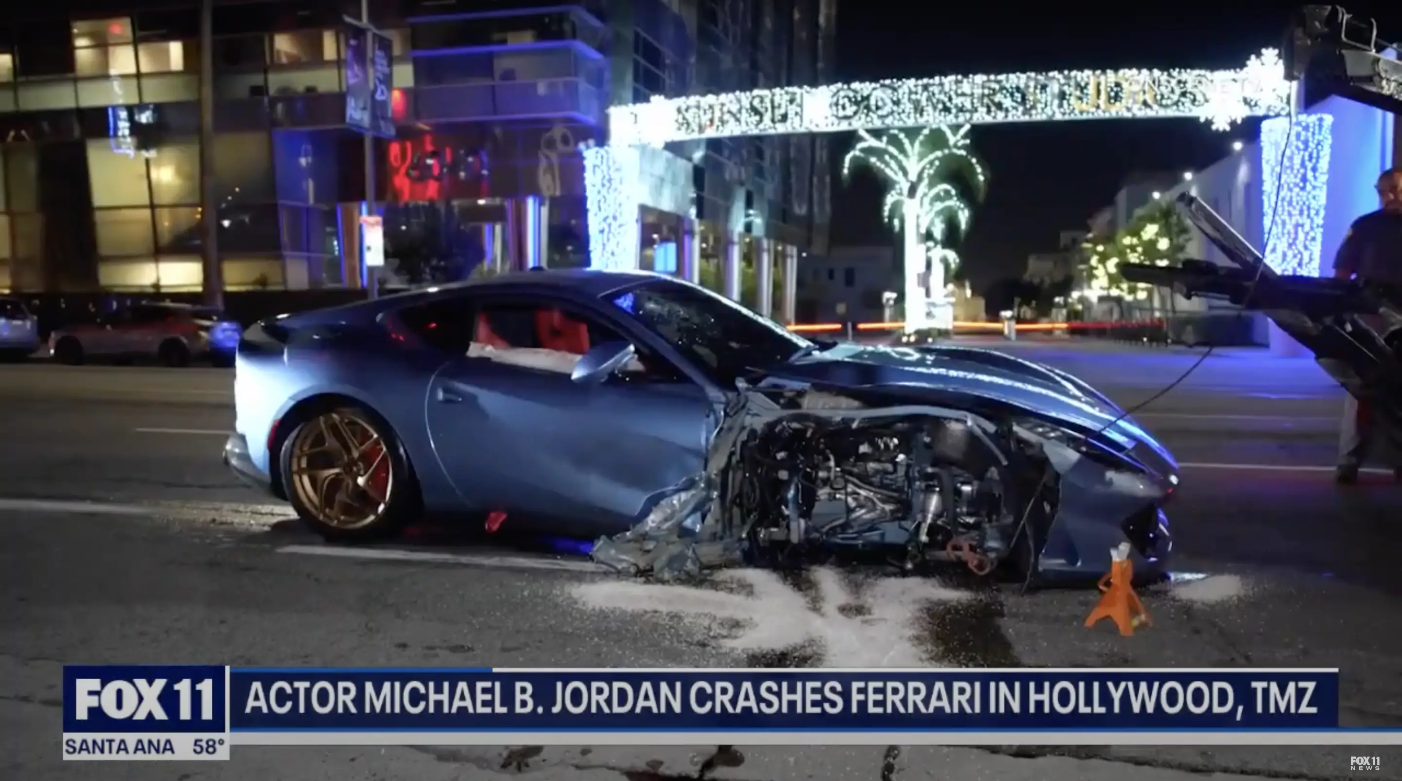 A screenshot of Michael B. Jordan's Ferrari after the car crash on December 3, 2023 | Source: Youtube.com/Fox 11 Los Angeles
