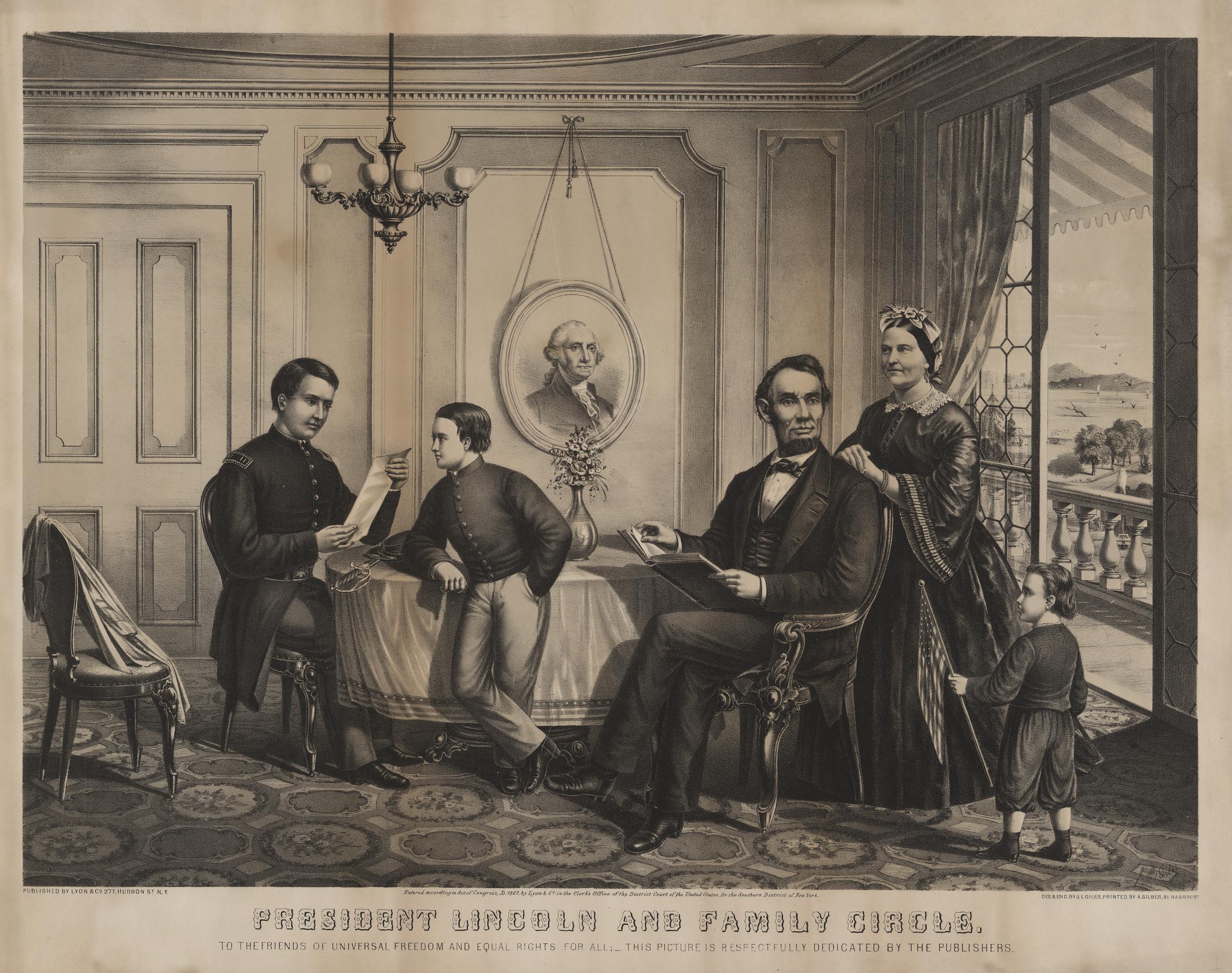 A portrait of President Lincoln and his family, from left: Robert, William, and Abraham Lincoln, Mary Todd, and Thomas Lincoln, engraved by J.L. Giles, published by Lyon & Co., 1867 | Source: Getty Images