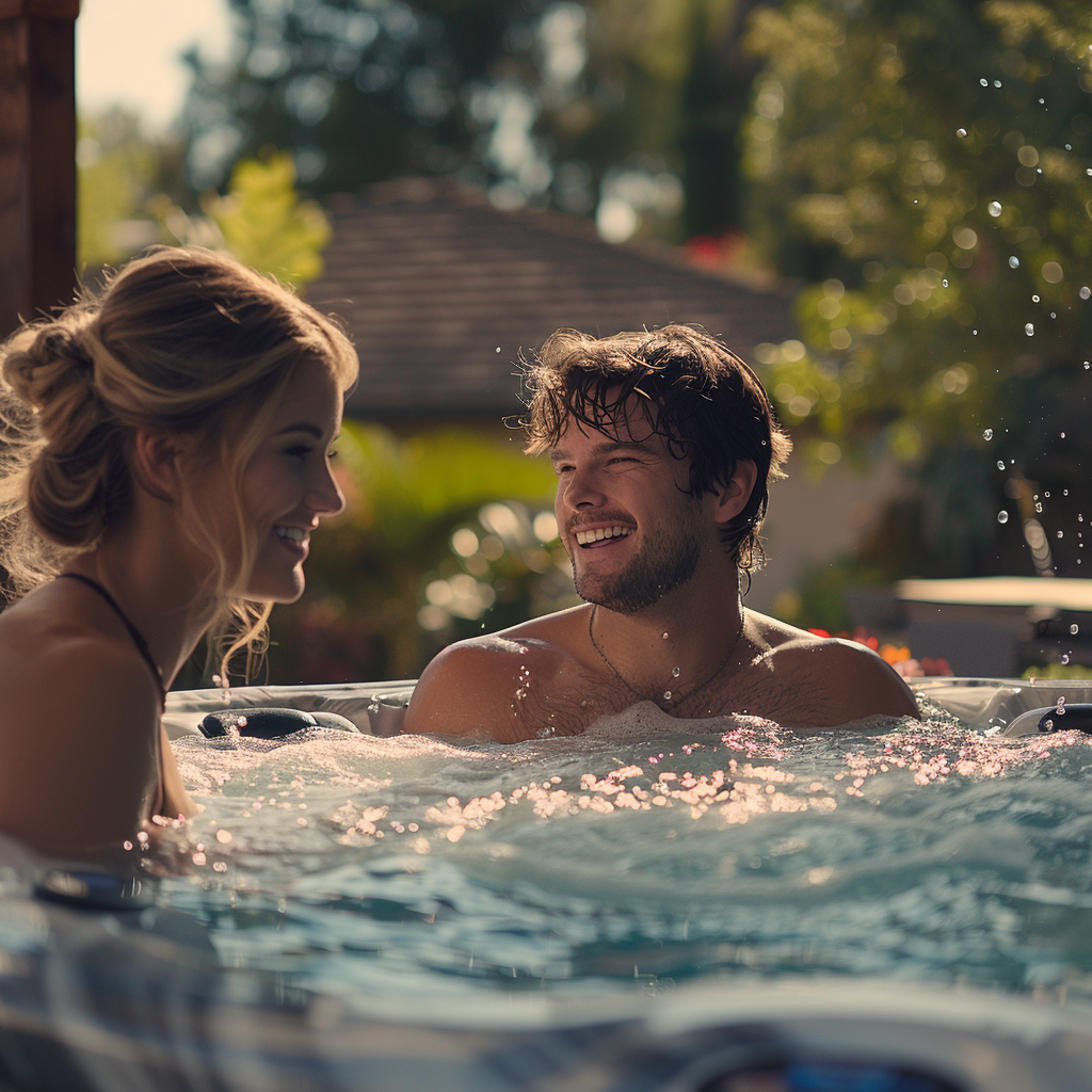 A happy couple relaxing in their hot tub | Source: Midjourney