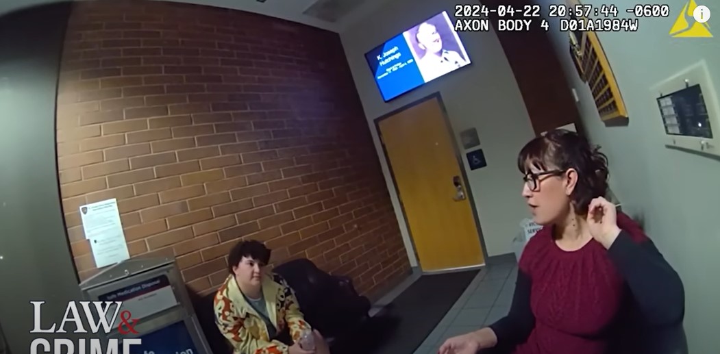 Ida Ann Lorenzo and her son seen on police body camera footage after the parent accosted Avery Leroy when she felt the teenager's skirt was too short for a public appearance in St. George, Utah, on May 13, 2024 | Source: YouTube/Law&Crime Network
