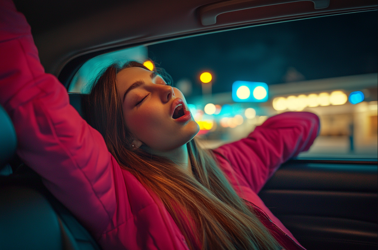 A woman yawning in the backseat of a car | Source: Midjourney