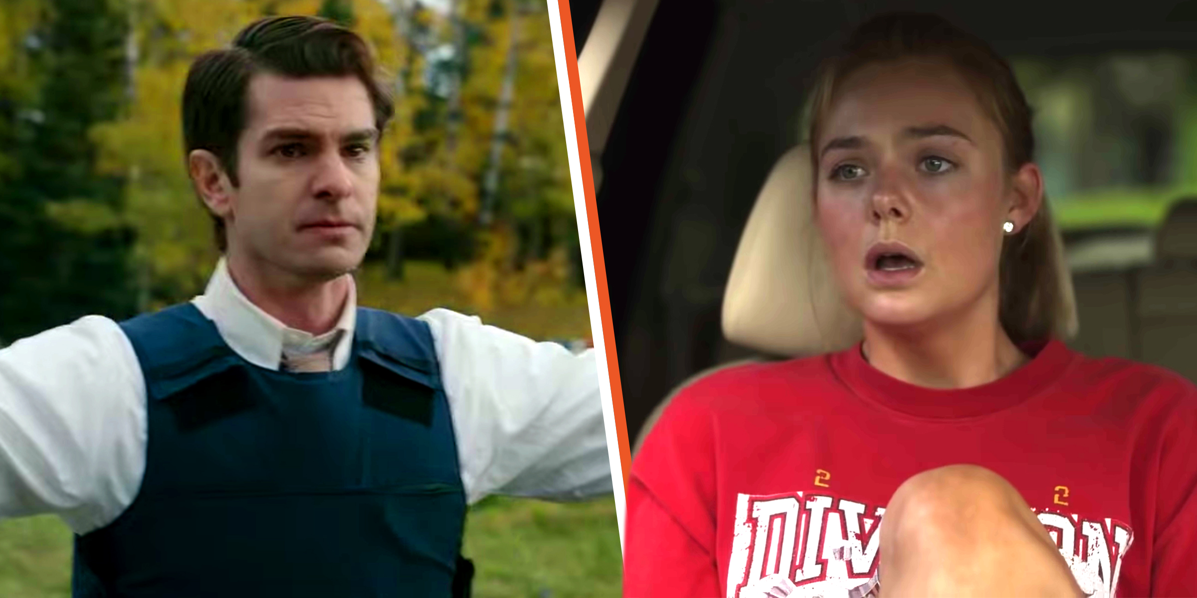 Andrew Garfield in "Under the Banner of Heaven." | Elle Fanning in "The Girl from Plainville." | Source: YouTube/FX Networks | YouTube/Hulu
