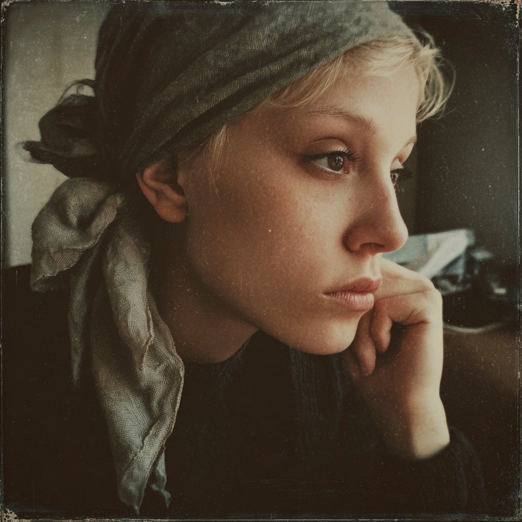 A woman with a scarf on her head | Source: Midjourney