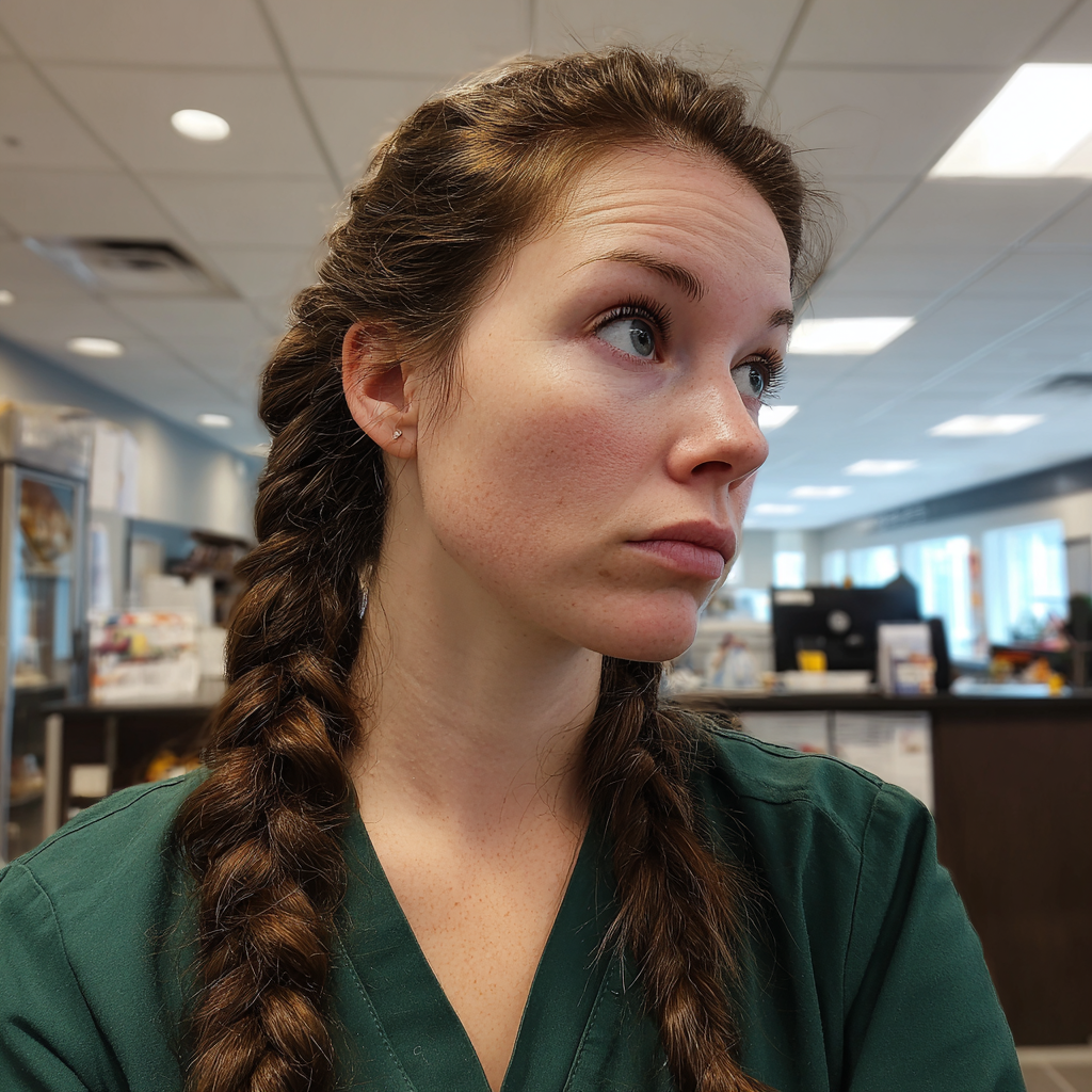 A concerned woman wearing scrubs | Source: Midjourney