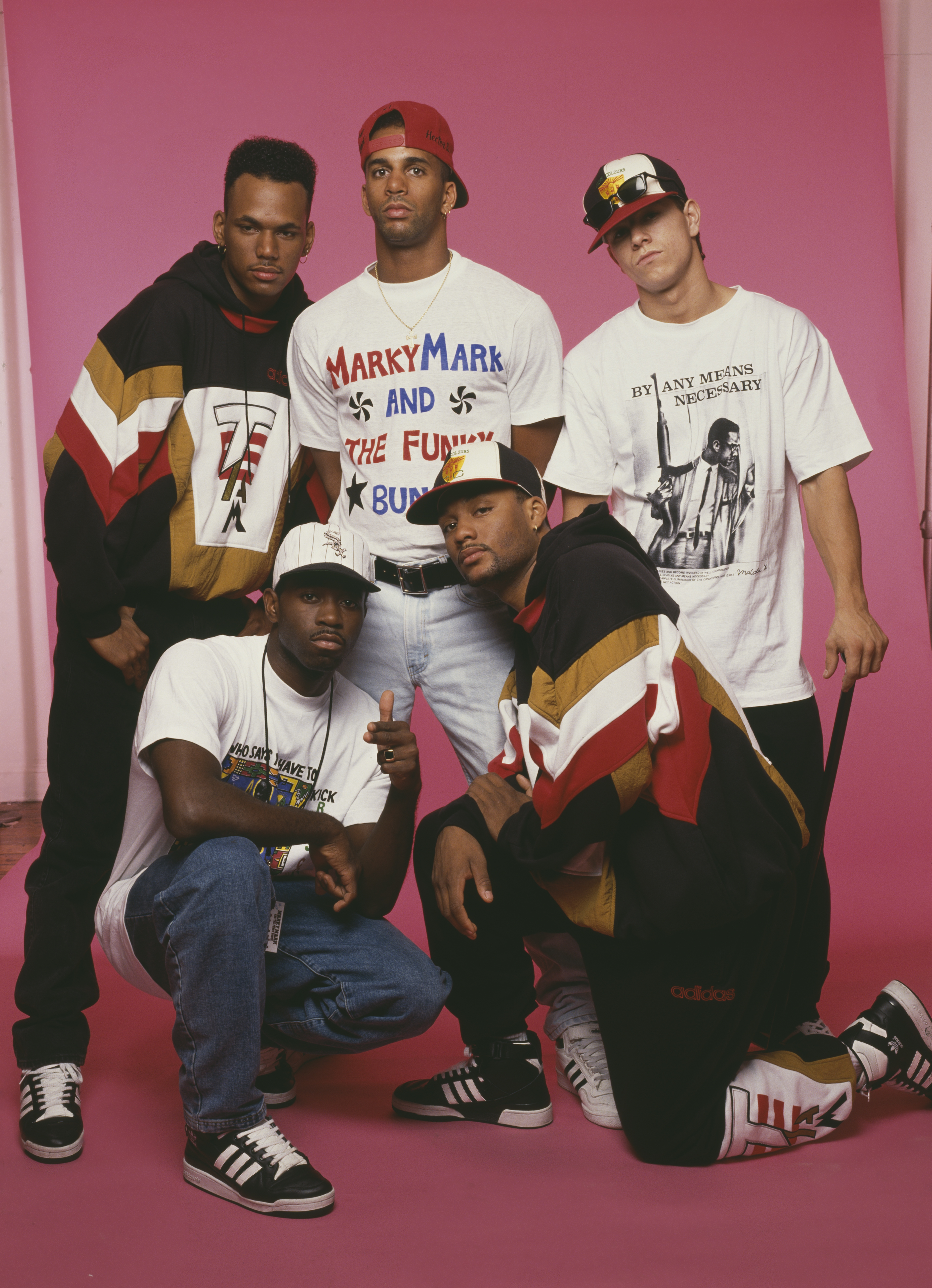 Marky Mark and the Funky Bunch consisted of Mark Wahlberg, Scott Ross, Hector Barros, Terry Yancey, and Anthony Thomas in 1990. | Source: Getty Images
