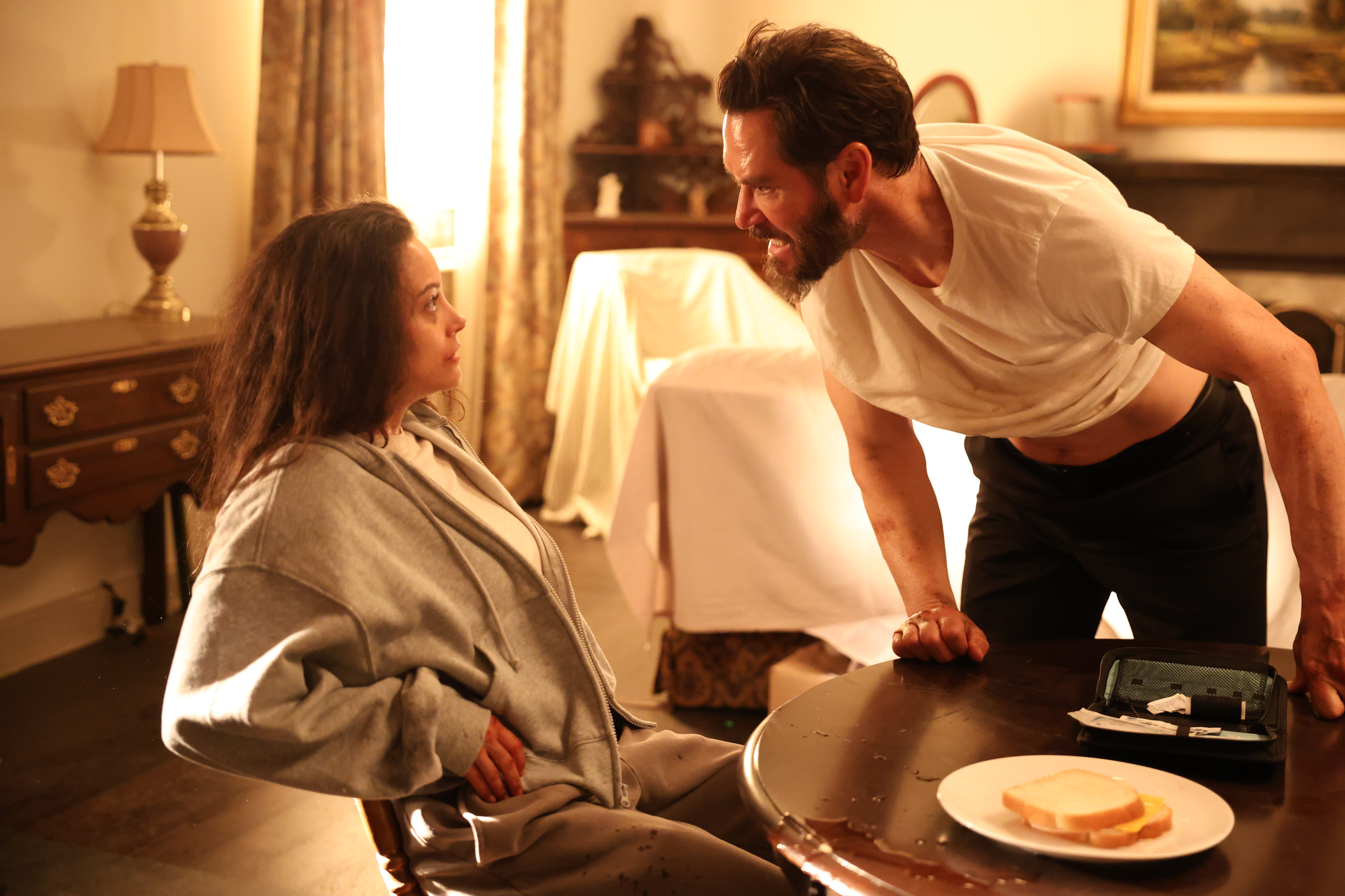 Mark-Paul Gosselaar as Sir with fellow actor Gabrielle Walsh as Lacey, in a scene from "Found," on March 14, 2024 | Source: Getty Images