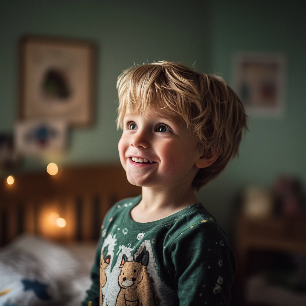 A little boy looks happy while standing in a room and looking at someone | Source: Midjourney