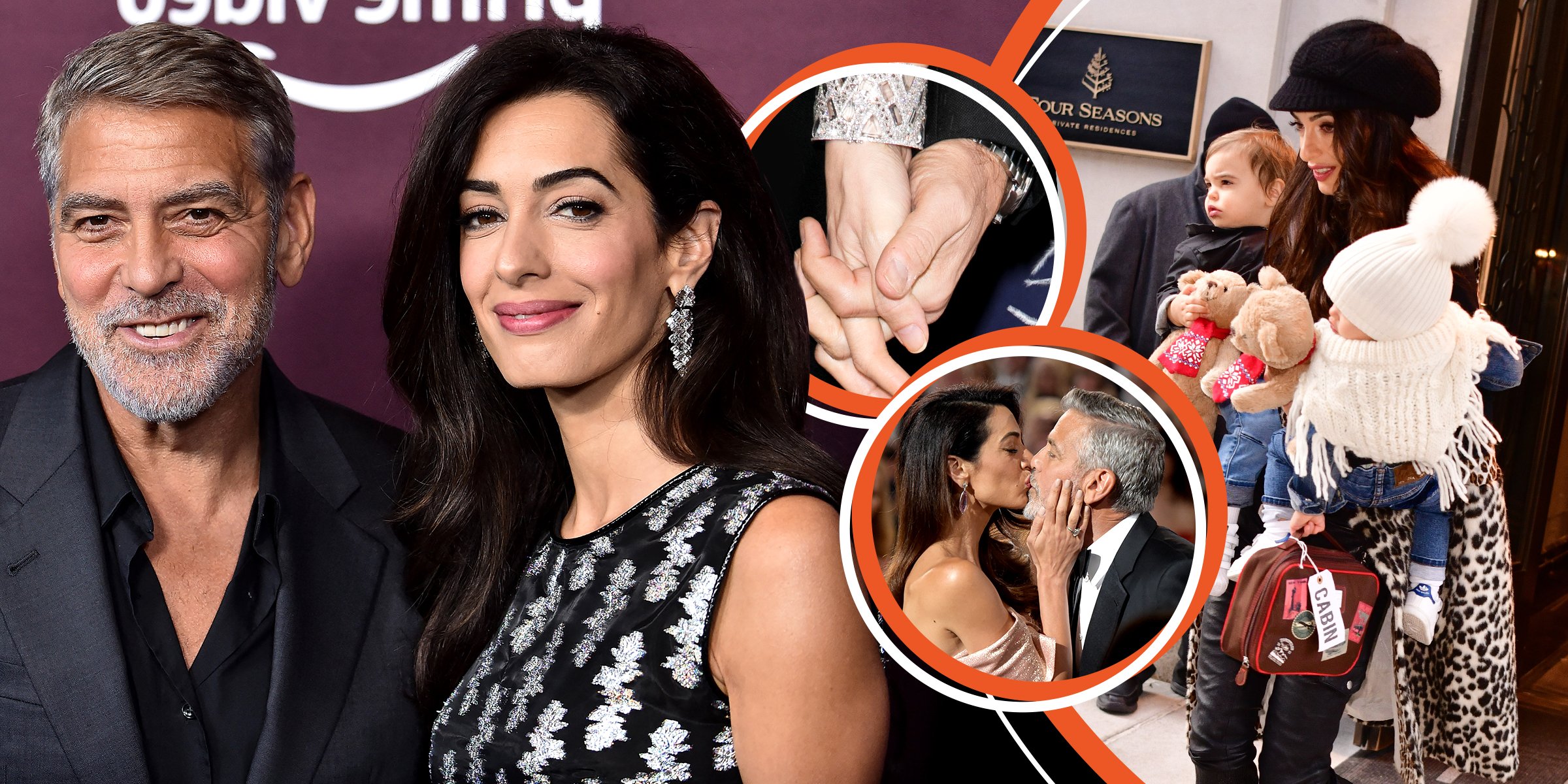 George and Amal Clooney | George and Amal Clooney holding hands | George and Amal Clooney share a kiss | Amal, Alexander, and Ella Clooney | Source: Getty Images 