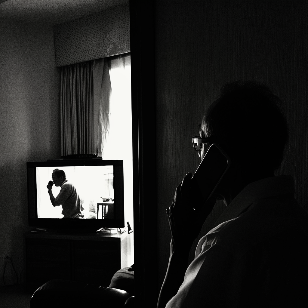 A man talking on the phone with the TV on | Source: Midjourney