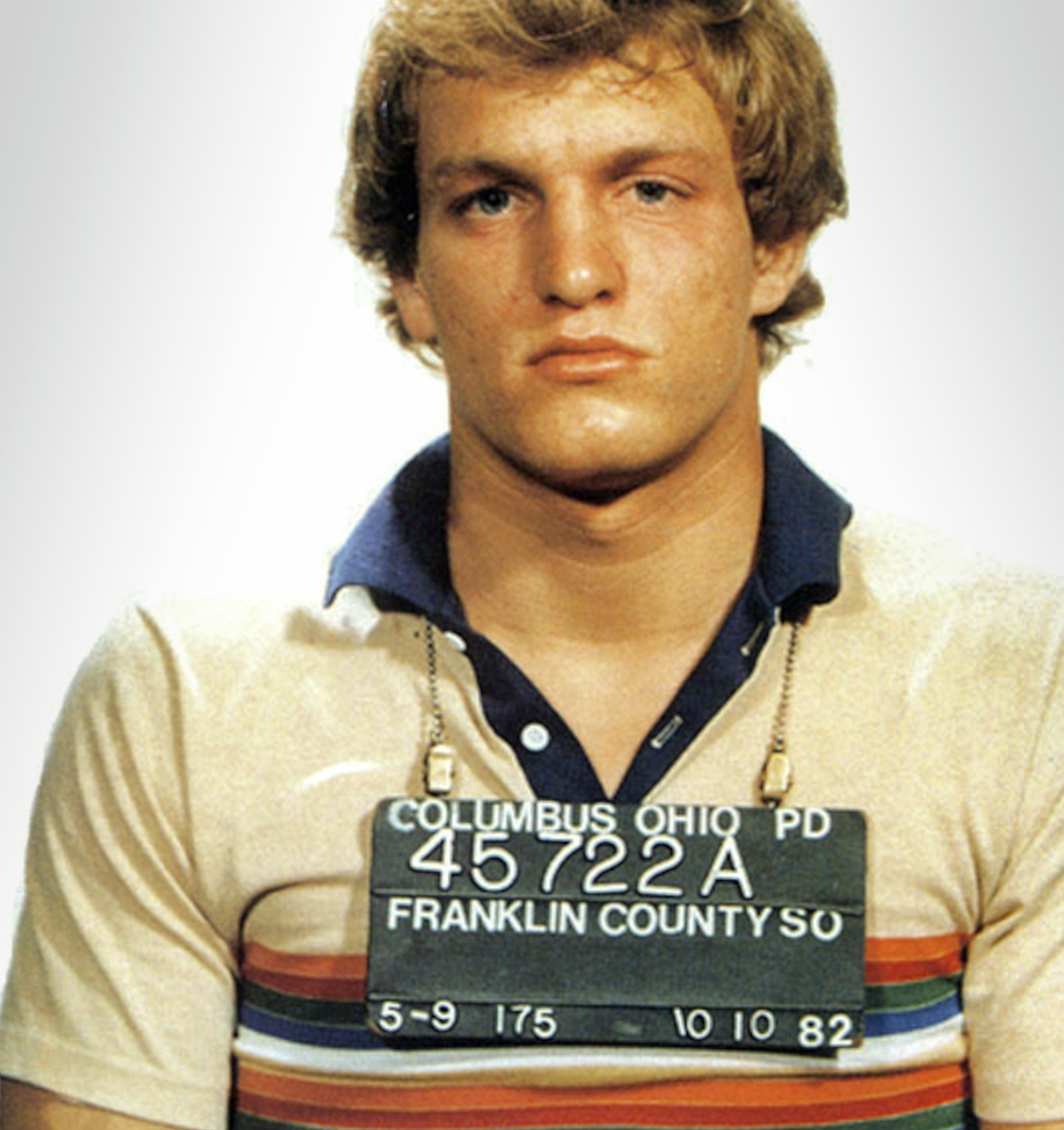 This handout depicts American actor and playwright Woody Harrelson in a mug shot taken after his arrest for disturbing the peace in Columbus, Ohio, in October 1982. | Source: Getty Images