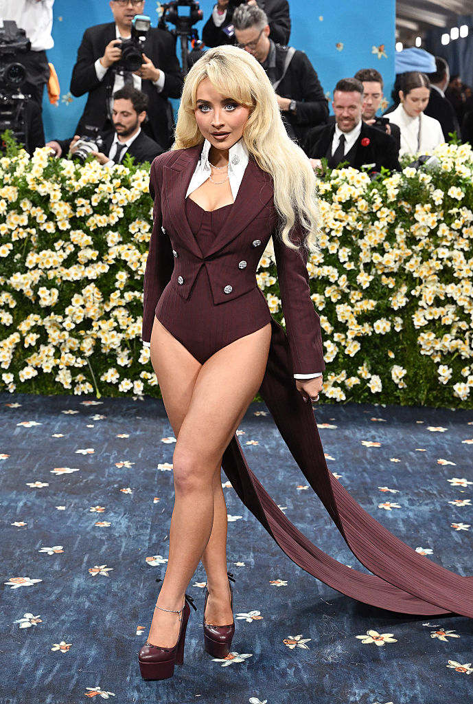 Sabrina Carpenter goes pantsless in a tuxedo-inspired bodysuit at the Met Gala with the theme "Tailored for You" on May 5, 2025.