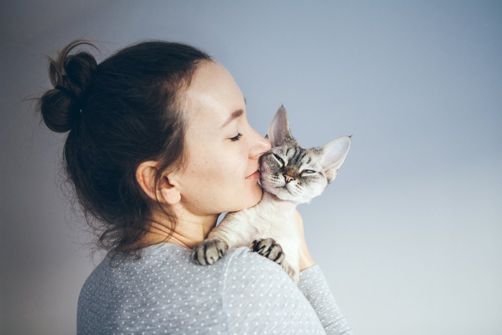 Frau küsst eine Katze. | Quelle: Shutterstock 