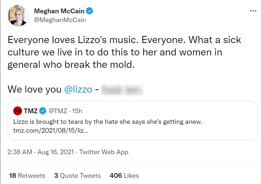 McCain's reaction to Lizzo's bullying | Source: Twitter/Meghan McCain